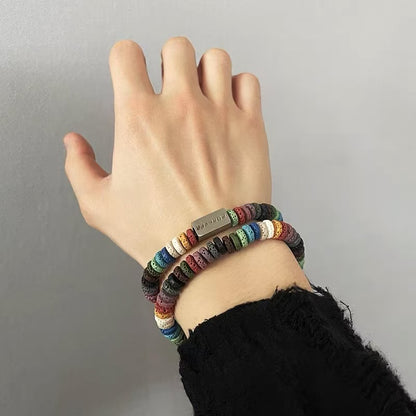 Titanium Steel Bracelet [Rainbow Stone] Handmade Fashion Couple's Bracelet, Colorful and Unique Accessory for Men, Niche Jewelry