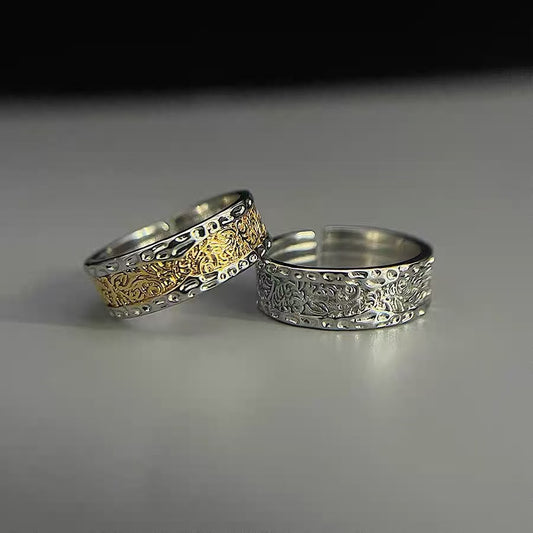 Adjustable opening,Copper Alloy Ring, Tang Kao Pattern, Light Luxury, Men's Gold Patterned Open Ring, Unique Design, Trendy, In-Style Accessory