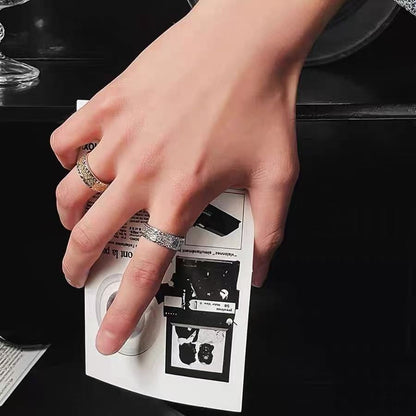 Adjustable opening,Copper Alloy Ring, Tang Kao Pattern, Light Luxury, Men's Gold Patterned Open Ring, Unique Design, Trendy, In-Style Accessory