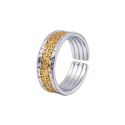 Adjustable opening,Copper Alloy Ring, Tang Kao Pattern, Light Luxury, Men's Gold Patterned Open Ring, Unique Design, Trendy, In-Style Accessory