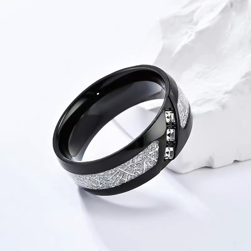 Titanium-steel synthetic zircon ring, square-cut diamond and mist-snow pattern ring for men, light luxury ring, trendy and fashionable accessory