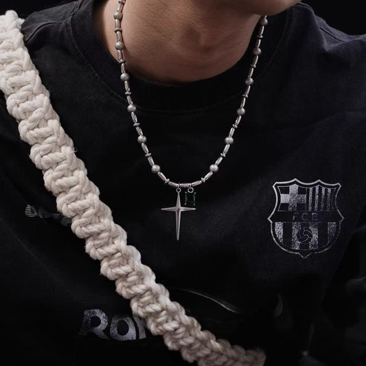 High-end, trendy, cool, and hip necklace for men and women, featuring a gemstone-pieced cross-shaped star pendant with round beads.