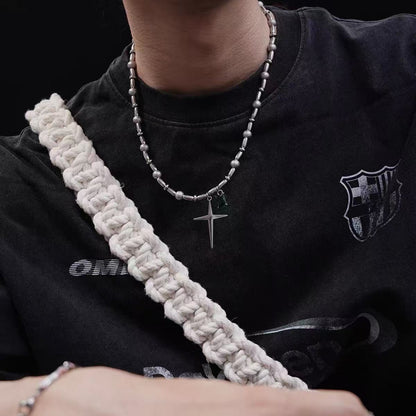 High-end, trendy, cool, and hip necklace for men and women, featuring a gemstone-pieced cross-shaped star pendant with round beads.