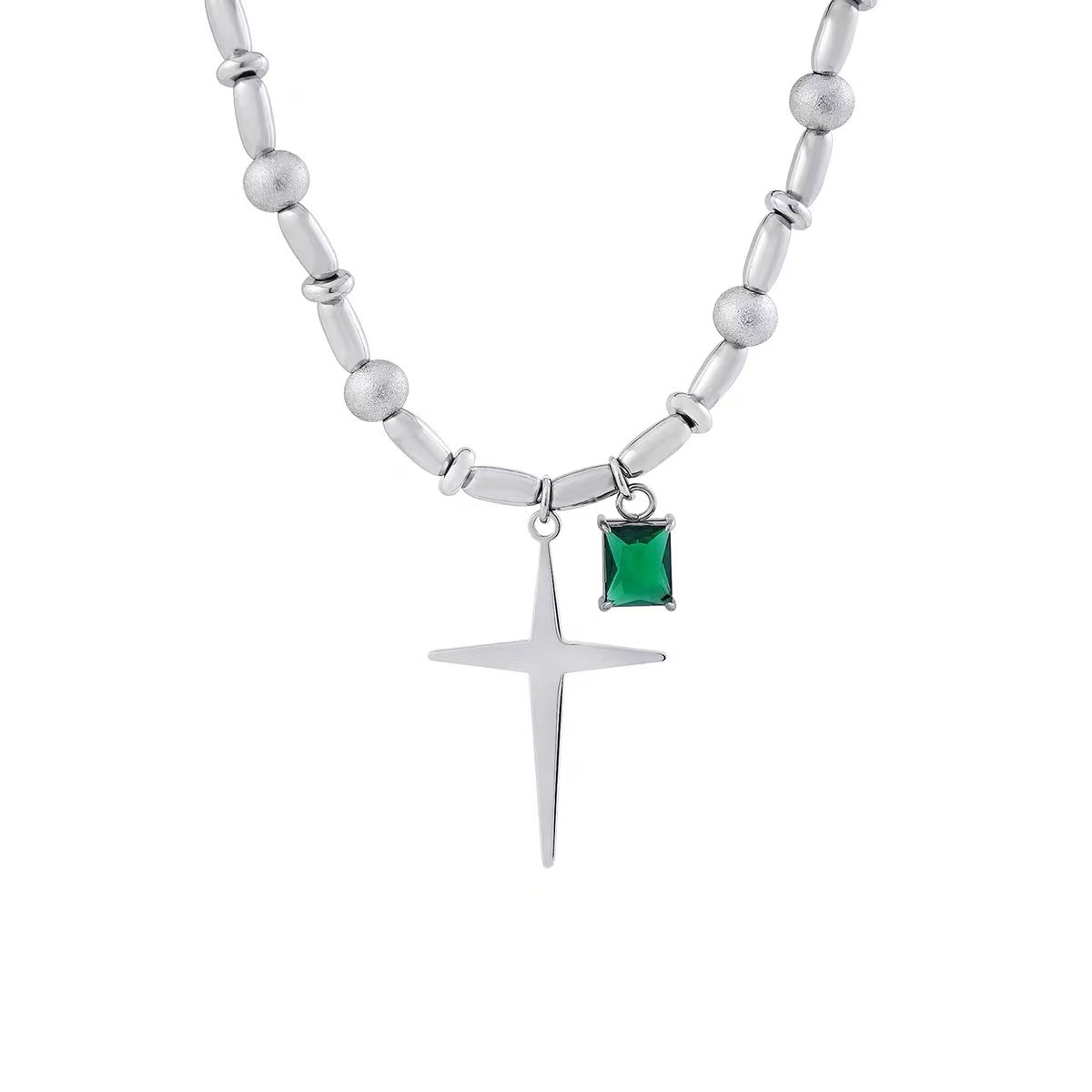 High-end, trendy, cool, and hip necklace for men and women, featuring a gemstone-pieced cross-shaped star pendant with round beads.