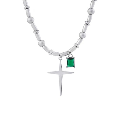 High-end, trendy, cool, and hip necklace for men and women, featuring a gemstone-pieced cross-shaped star pendant with round beads.