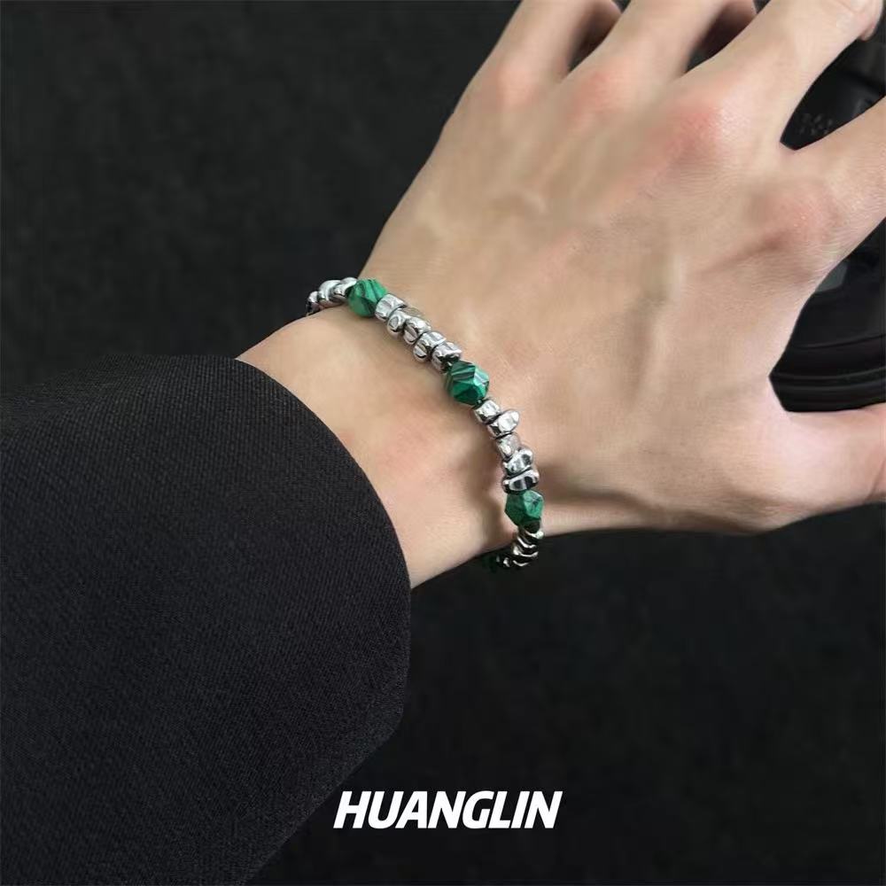 Beaded silver and natural stone bracelet for men, trendy brand, Chinese-style, small-scale bracelet, malachite, high-end accessory, couple bracelet