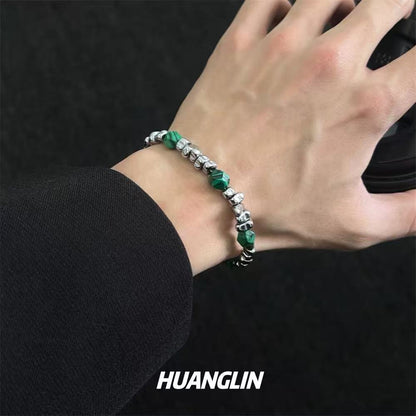 Beaded silver and natural stone bracelet for men, trendy brand, Chinese-style, small-scale bracelet, malachite, high-end accessory, couple bracelet