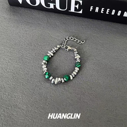Beaded silver and natural stone bracelet for men, trendy brand, Chinese-style, small-scale bracelet, malachite, high-end accessory, couple bracelet