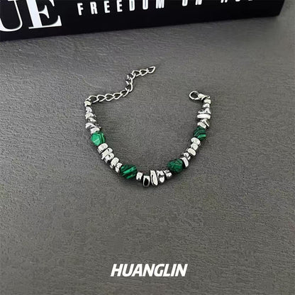 Beaded silver and natural stone bracelet for men, trendy brand, Chinese-style, small-scale bracelet, malachite, high-end accessory, couple bracelet
