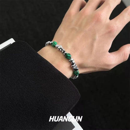 Beaded silver and natural stone bracelet for men, trendy brand, Chinese-style, small-scale bracelet, malachite, high-end accessory, couple bracelet