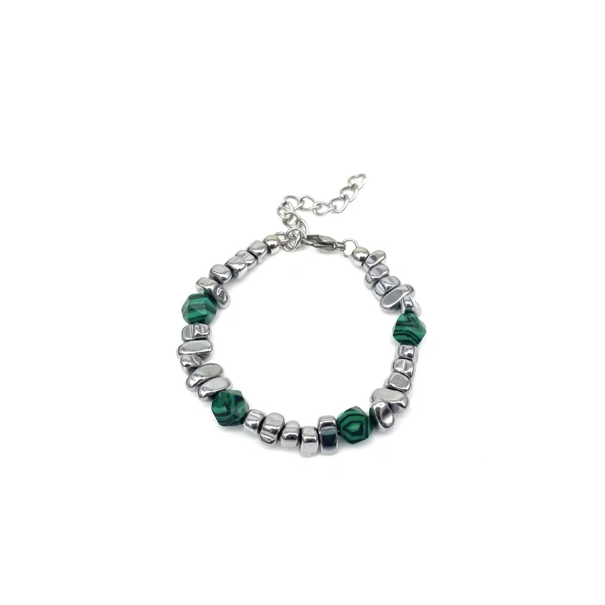 Beaded silver and natural stone bracelet for men, trendy brand, Chinese-style, small-scale bracelet, malachite, high-end accessory, couple bracelet