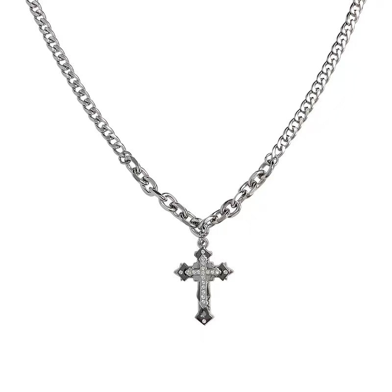 Titanium steel necklace, trendy cross necklace for men and women, versatile, distinctive, high-end, hip-hop accessories for sweatshirts