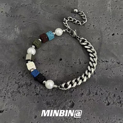 Titanium Steel Bracelet TP Colorful Patchwork Volcanic Stone Unique Design Personalized Titanium Steel Hip-Hop Bracelet for Men and Women Accessories