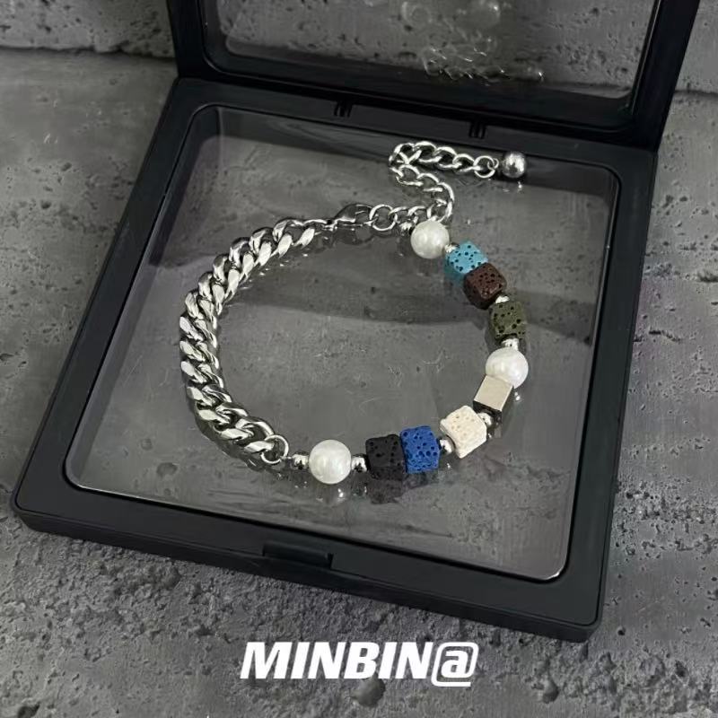 Titanium Steel Bracelet TP Colorful Patchwork Volcanic Stone Unique Design Personalized Titanium Steel Hip-Hop Bracelet for Men and Women Accessories