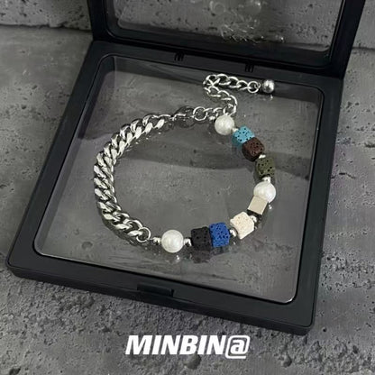 Titanium Steel Bracelet TP Colorful Patchwork Volcanic Stone Unique Design Personalized Titanium Steel Hip-Hop Bracelet for Men and Women Accessories