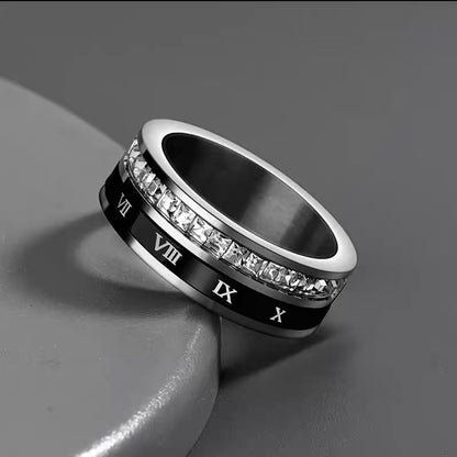 Rotatable titanium steel diamond-encrusted Roman numeral ring for men and women, fashionable, niche, high-end, edgy ring for the index finger.