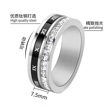 Rotatable titanium steel diamond-encrusted Roman numeral ring for men and women, fashionable, niche, high-end, edgy ring for the index finger.