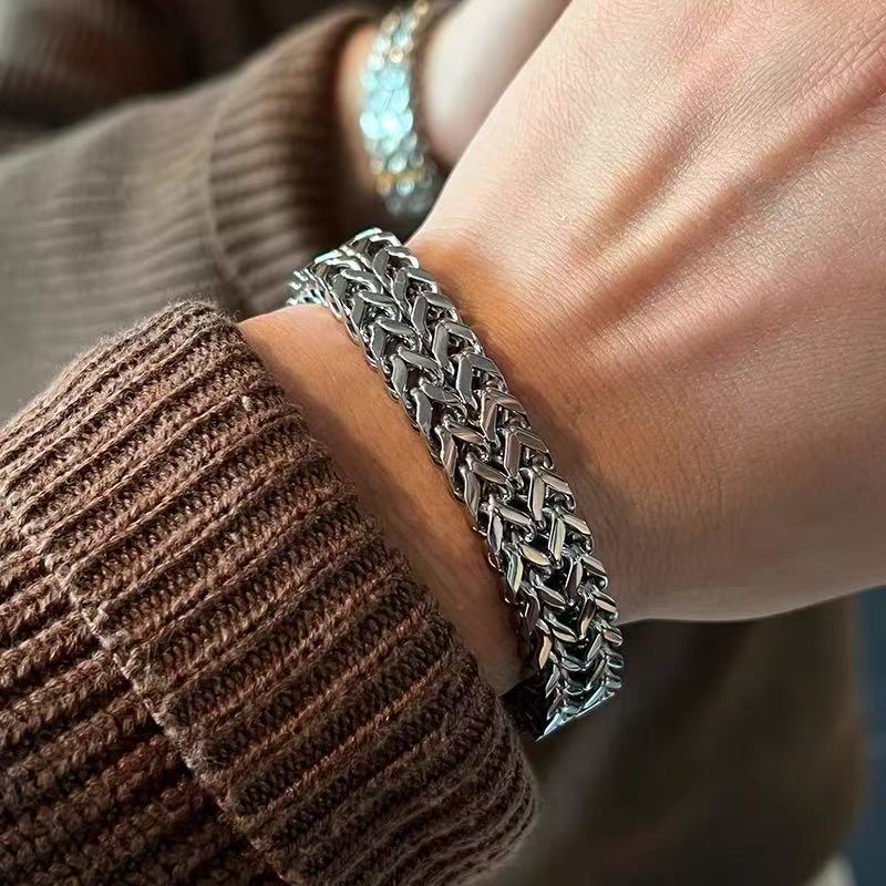 Titanium Steel Bracelet, Double-Layer Square Bracelet, Unique and Fashionable Titanium Steel Bracelet for Men, Cuban Chain Accessory, Men's Model
