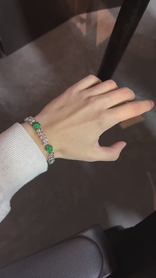 Beaded silver and natural stone bracelet for men, trendy brand, Chinese-style, small-scale bracelet, malachite, high-end accessory, couple bracelet